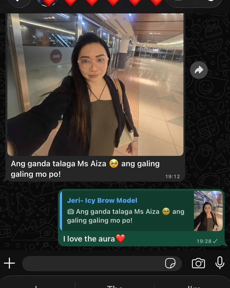 WhatsApp message from Jeri praising her brow results