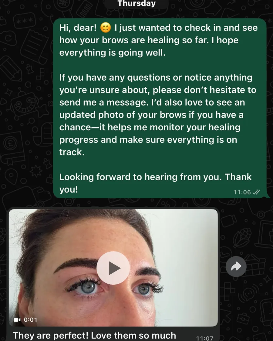 WhatsApp message from Beth showing her healed brows