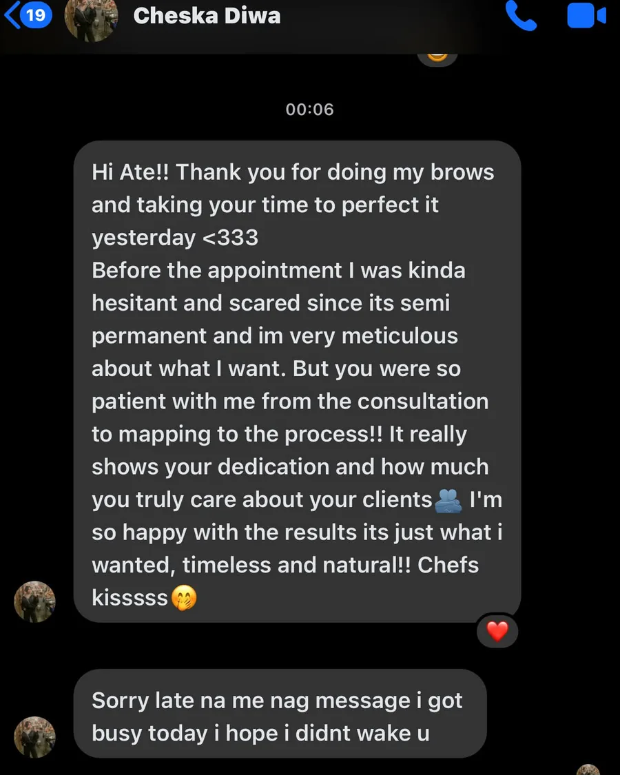 Detailed client message from Cheska about her microblading experience