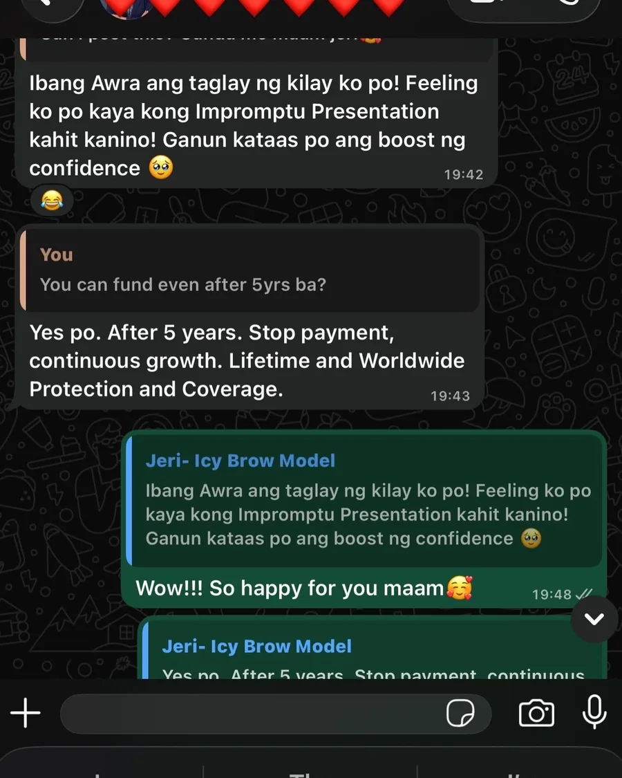 WhatsApp message from Jeri describing her confidence boost