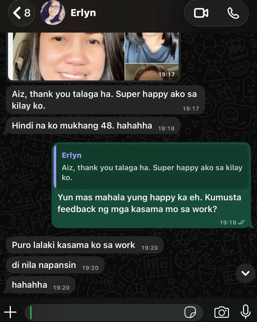 WhatsApp message from Erlyn thanking Aiza for her brows