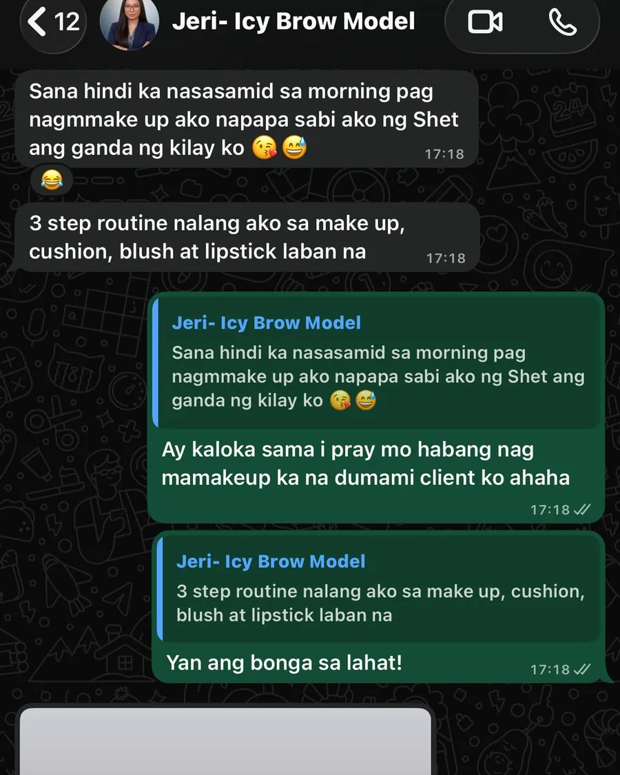 WhatsApp message from Jeri about her simpler makeup routine