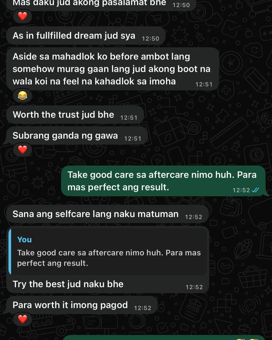 Client message expressing gratitude and trust in the brow service