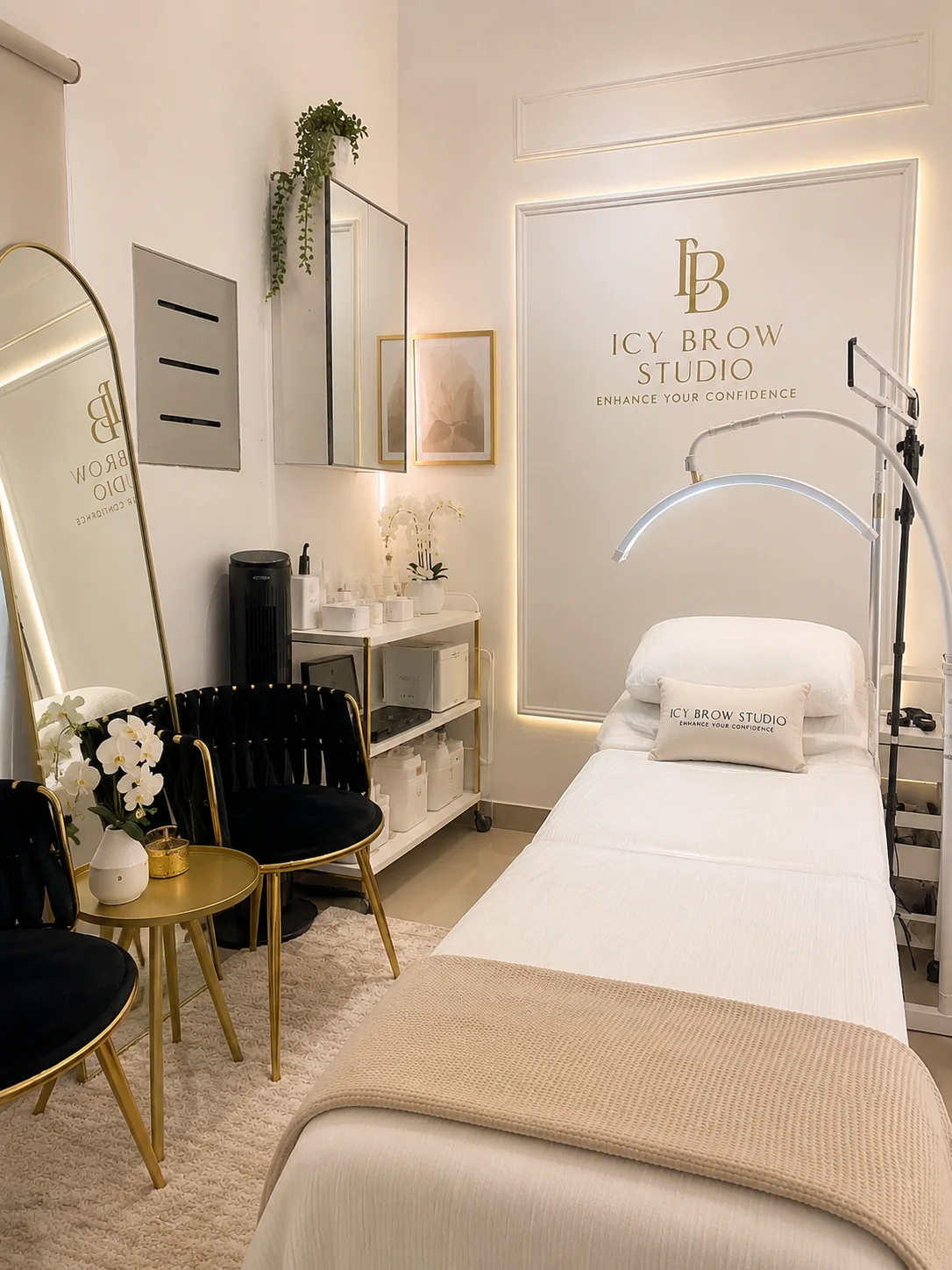 The bright, elegant treatment space inside Icy Brow Studio